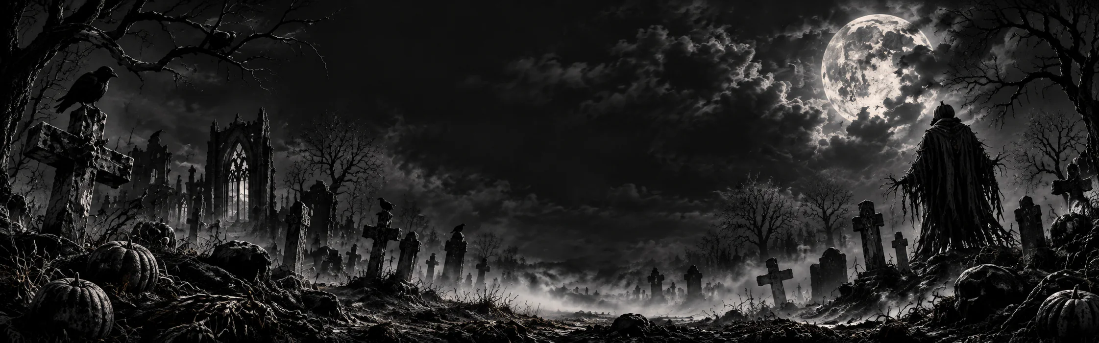 Moonlit graveyard with ruined crosses and dead trees