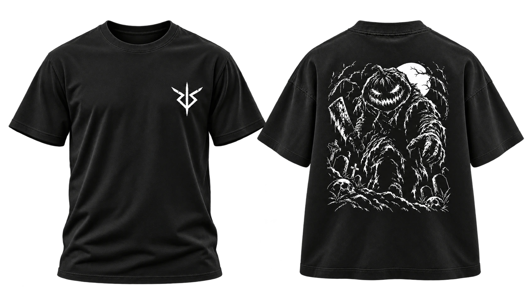 Front and back views of the black Harvest Season T-shirt