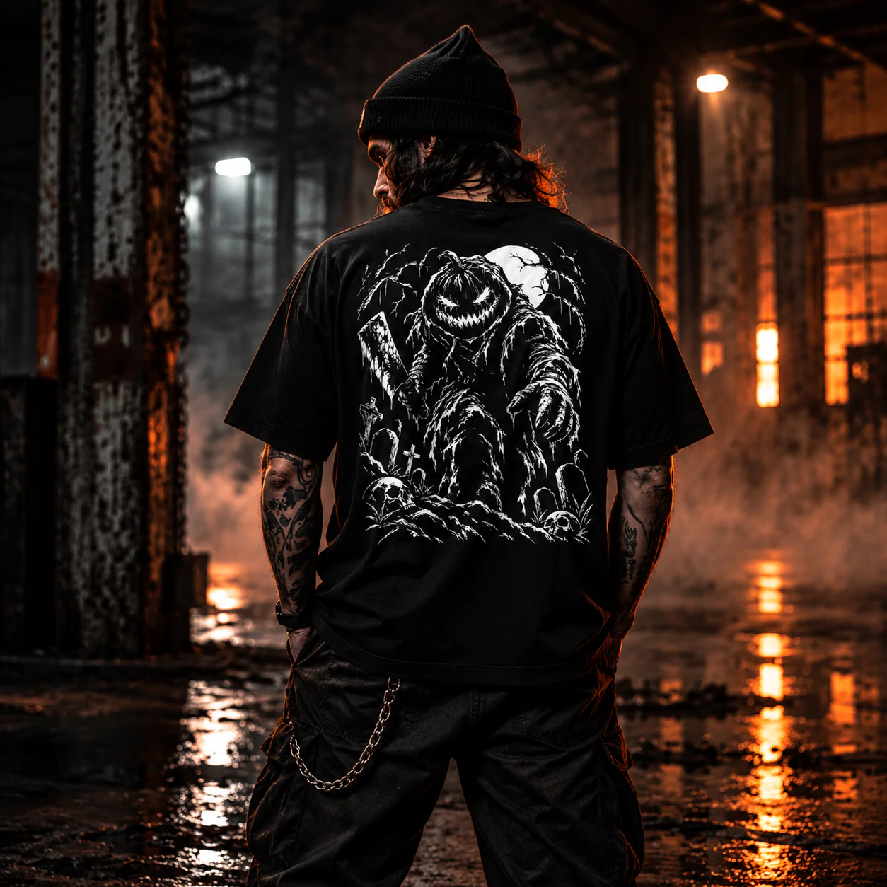 Model wearing the Harvest Season shirt in a moonlit ruined churchyard
