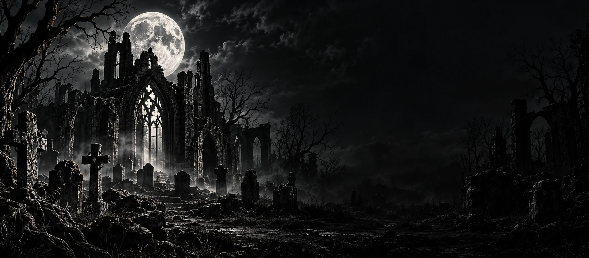 Moonlit ruined chapel and graveyard